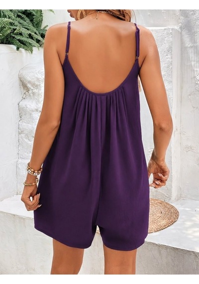 Efnaz Style Kadın Ip Askılı Yuvarlak Yakalı Pileli Kısa Arobin Tulum Mor