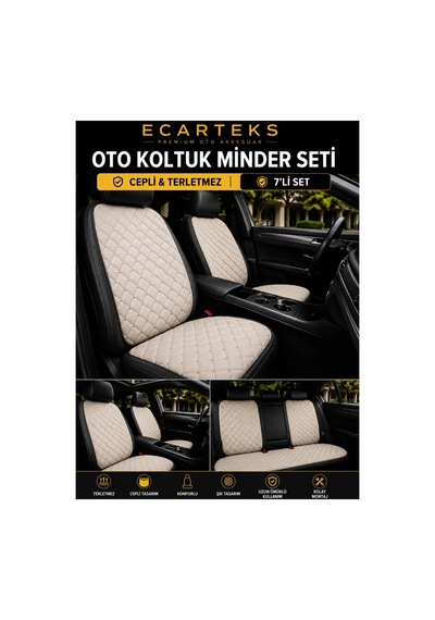 Terletmez Cepli Oto Koltuk Minder Seti Kolay Montaj Universal Koruyucu Kılıf Kumaş Bej