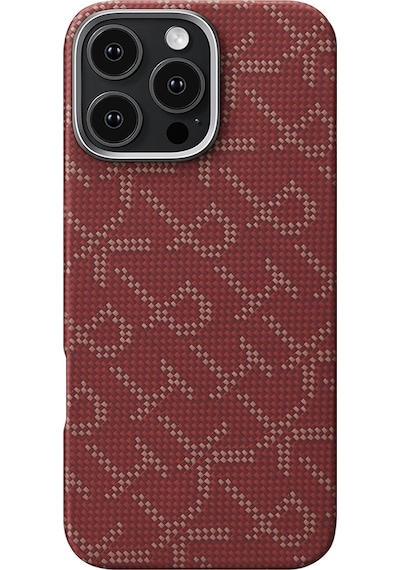 Apple Uyumlu iPhone 16 Pro Max Kılıf Magsafe Özellikli Aramid Fiber Pitaka Tactile Woven Monogram Serisi Kırmızı