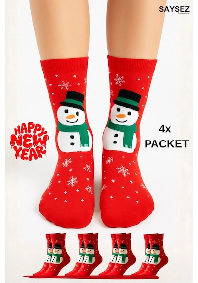 Saysez Unisex Yılbaşı Desenli 4'lü Paket Renkli Soket Çorap Christmas Happy New Year Renkli6
