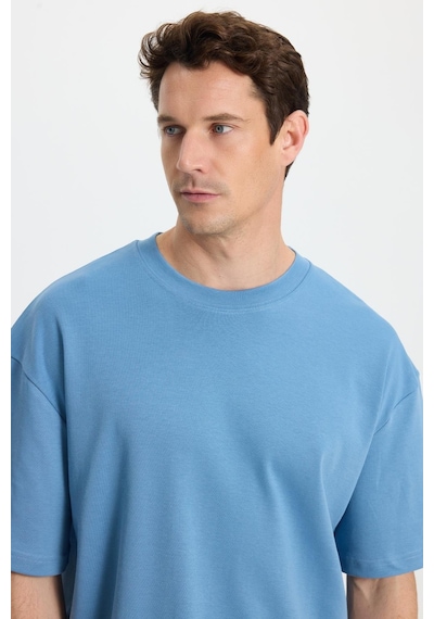 Tudors Unisex Oversize Geniş Kesim %100 Pamuk Yumuşak Dokulu Basic Bisiklet Yaka İndigo Tişört-35180 Çok Renkli