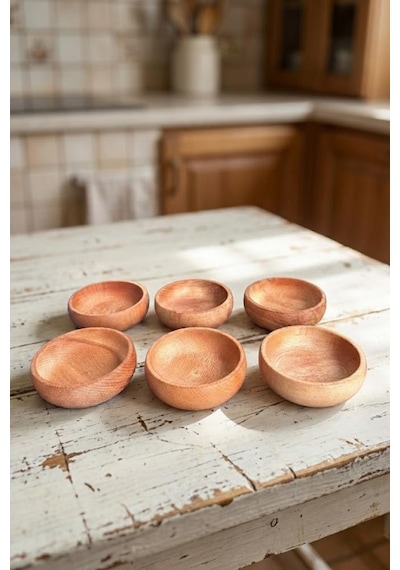 Atbyhome 6 Parça Doğal Kayın Ağacı Ahşap Çerezlik Kaseler - 10 Cm Kahvaltılık Ve Mezze Sosluk Seti Bambu