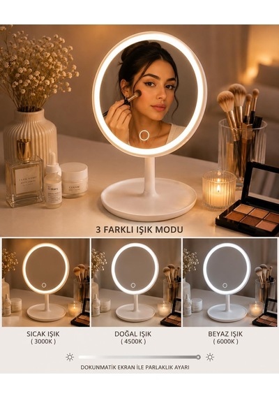 Led Işıklı Makyaj Aynası Dokunmatik Masaüstü Kozmetik Aynası Şarjlı Beyaz Belirtilmemiş