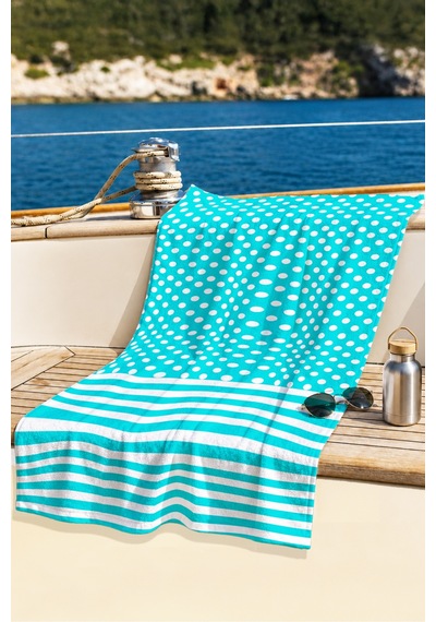 Puantiyeli Çizgili Turkuaz Beyaz Plaj Havlusu - Marine Modern Mikrofiber Hızlı Kuruyan Havlu Bulut Leylak