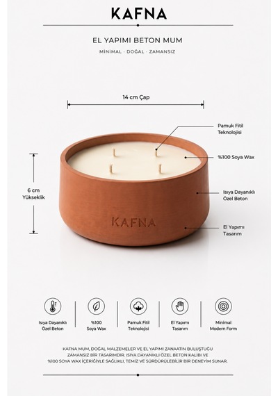 Kafna Tarçın & Vanilya Kokulu Büyük Boy Dekoratif Beton Mum - %100 Soya Wax Kiremit