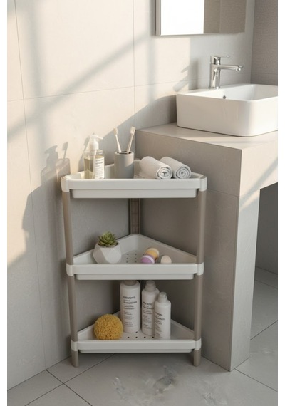 3 Katlı Banyo Köşe Rafı - Duş İçi Şampuanlık Ve Düzenleyici Organizer - Modüler Üçgen Raf Beyaz