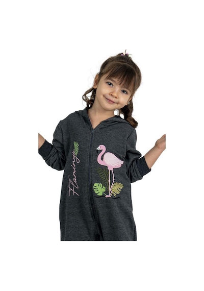 Riccotarz Kız Bebek Üzerinde Flamingo Baskılı Önü Fermuarlı Kapüşonlu Füme Tulum Füme