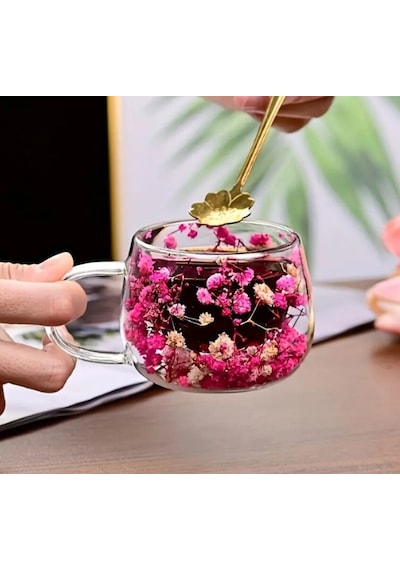 Isıya Dayanıklı Çift Cidarlı Kurutulmuş Canlı Çiçekli Kupa 150 Ml Çok Renkli