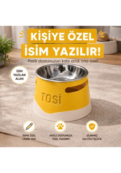 İsime Özel Yükseltilmiş Köpek Mama Kabı Paslanmaz Çelik Hazne, Ergonomik Tasarım