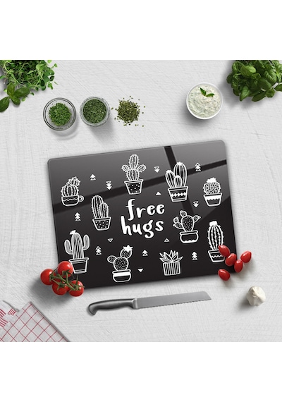 Decorita Cam Kesme Tahtası | Free Hugs-Siyah Fon | 30cm x 40cm