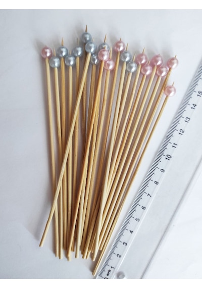 15 Cm Uzun Kürdan - 20 Adet Pembe Mavi Yuvarlak İnci Boncuklu Kokteyl Karıştırıcı -inci 8 Mm