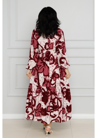 Sevitli Çiçekli Kuşaklı Viscon Elbise-bordo-4127-bordo Bordo