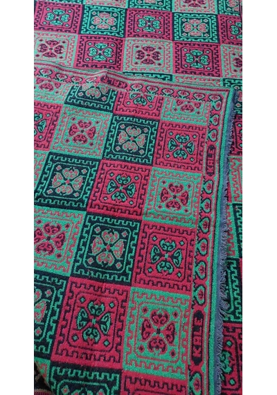 Çift Taraflı 3 Mekik Karo Desen Pamuklu Makine Dokuma Kilim Kırmızı - Yeşil - Siyah