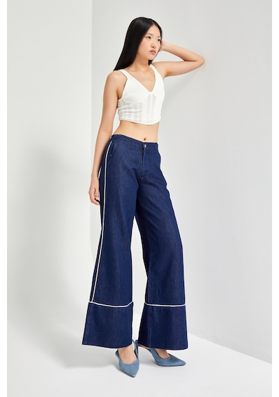 Itsbasic Kadın Lacivert Renk 7w5-50/1 Wide Leg Fit Şerit Detaylı Tasarım Denim Jean