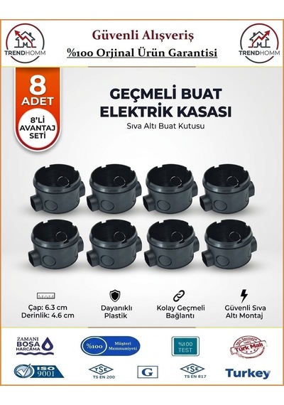 Trendhomm Geçmeli Anahtar Priz Kasası - Sıva Altı - Siyah - 8 Adet