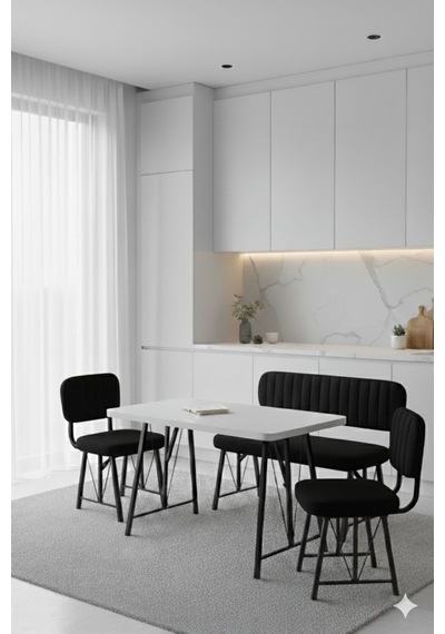 Elfin 70x110 Beyaz Sabit, 2 Sandalye 1 Bench, Masa Sandalye Takımı, Mutfak Masası Takımı - Siyah Elfin 70x110 Beyaz Sabit, 2 Sandalye 1 Bench, Masa Sandalye Takımı, Mutfak Masası Takımı - Siyah