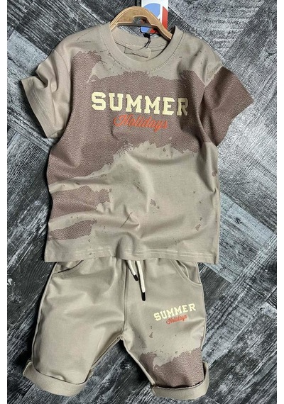 Riccotarz Erkek Çocuk Summer Yazı Baskılı Cep Ve İp Detaylı Bej Şortlu Takım Bej
