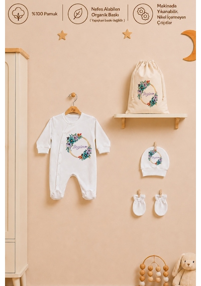 Pia Baby İsme Özel Kız Bebek Tulum %100 Pamuk Organik Baskılı İsimli Bebek Tulumu Ham Bez Kıyafet Kesesi Bebek Hediye Seti 1026tkyx Ekru