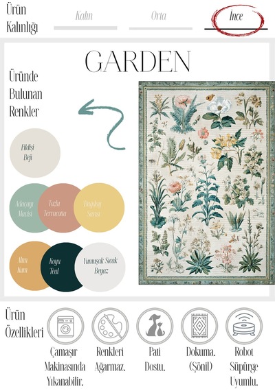 Garden 818 Bej Yeşil Botanik Çiçekli Halı Yıkanabilir İnce Dokuma Taban Salon Oturma Odası Halısı Bej Yeşil F