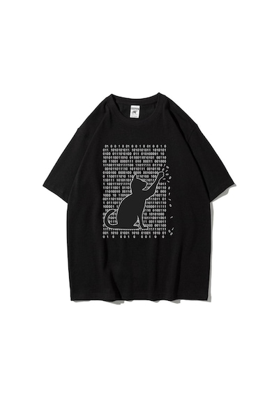Tarzsokak Unisex Siyah 01 Kedi Baskılı Oversize Bisiklet Yaka Tshirt Siyah
