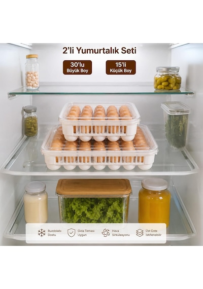 Peggy 45'li Yumurtalık Seti 15'li + 30'lu Yumurtalık, Buzdolabı Uyumlu Yumurta Saklama Kabı, Bpa İçermez, Kapaklı Yumurta Kutusu Yumurtalık Buzdolabı Organizeri Saklama Kabı Çok Renkli
