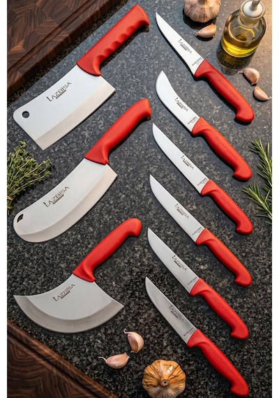 Lazbisa MFP-245 Silver Pro Serisi Mutfak Bıçak Seti 9 Parça Et Ekmek Sebze Soğan Börek Bıçağı Satırı Kırmızı