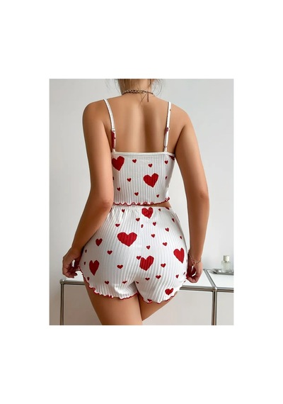 Bella Notte Pamuklu İp Askılı Kalp Desenli Pijama Takımı Kırmızı