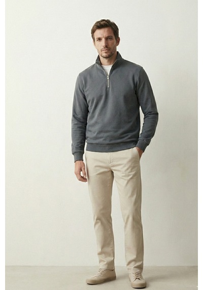 Elemge Pamuklu Erkek Sweatshirt Antrasit Soft Touch Relax Fit Yarım Fermuarlı Dik Yaka 3 Iplik Nefes Alan