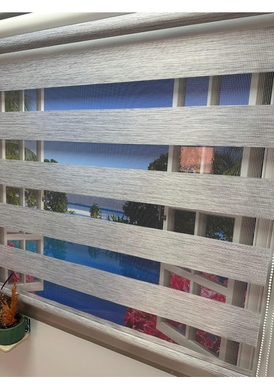 Çift Mekanizmalı Zebra Stor Perde Bambu Gri-beyaz Gri Çok Renkli