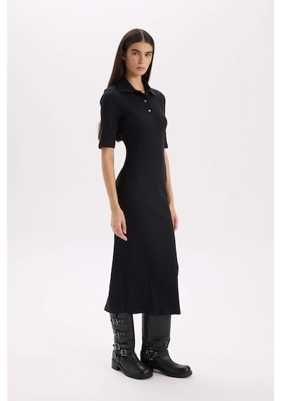 Defacto Bodycon Vücudu Saran Polo Yaka Fitilli Kaşkorse Kısa Kollu Midi Elbise D8296ax25spbk81 Siyah