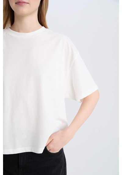 DeFacto Coool Loose Fit Bisiklet Yaka Basic Düz Kalın Kumaş Kısa Kollu Beyaz Tişört E0291AX25SMWT32