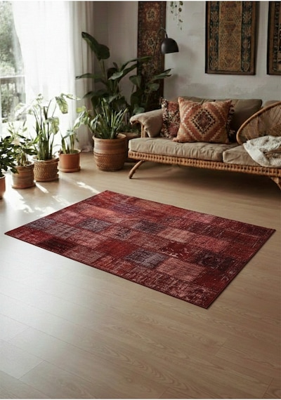 Modern Bohem Stil Vintage Halı Özel Tasarım Kırmızı Patchwork Koleksiyonu Kırmızı