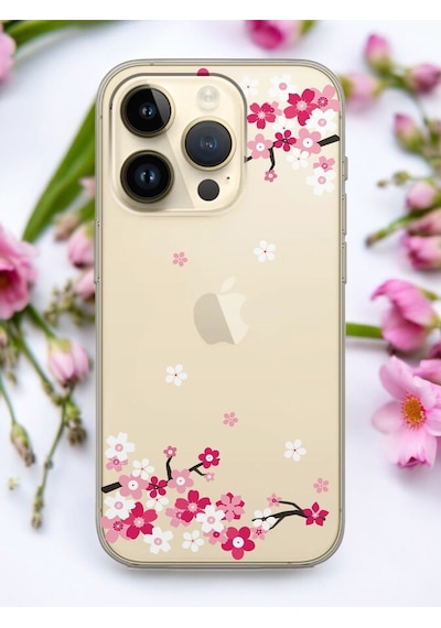 Apple Uyumlu iPhone 15 Pro Max Art Sakura Tasarımlı Şeffaf Telefon Kılıfı Çok Renkli