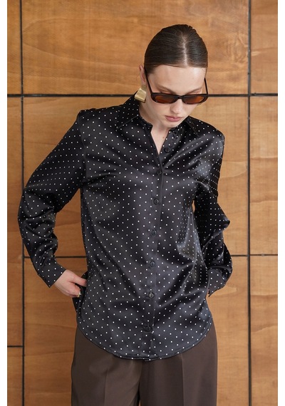 Verymoda Puantiyeli Saten Gömlek - F2076 SİYAH