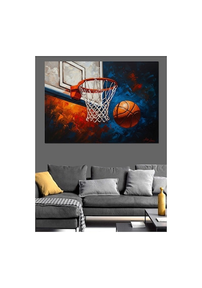 Basketbol Sahası Ve Şahlanan Pota Yağlı Boya Dokulu Kanvas Tablo Canvas Tablosu