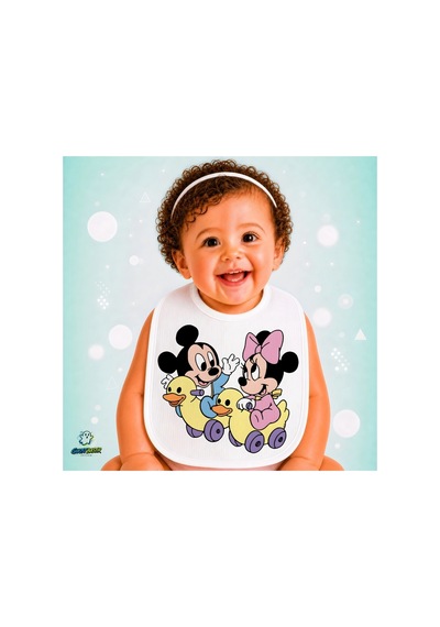 Mickey Ve Minnie Keten Bebek Mama Önlüğü Yumuşak - Emici - Yıkanabilir - Özel Tasarım P132 Çok Renkli