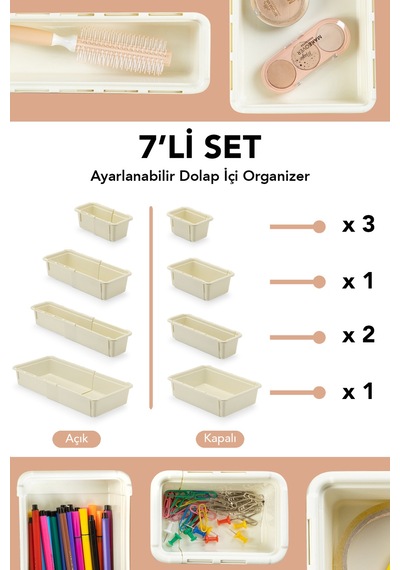7'li Uzayan Dolap İçi Düzenleyici - Çok Amaçlı Banyo Mutfak Ofis Çekmece İçi Organizer Set Krem