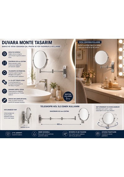 Duvara Monte Mafsallı Makyaj Aynası 1x + 5x Büyütmeli Çift Taraflı 410 Mm Uzatılabilir Krom