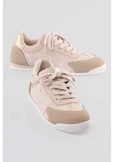 Mubiano Kadın Sneaker Taşlı Gold Ve Süet Detaylı Bağcıklı Spor Ayakkabı Zireya Bej Bej