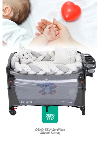 Deluxe Park Yatak Uyku Seti Bebek Beşik Örgülü Uyku Seti Pamuklu Kumaş 7 Parça