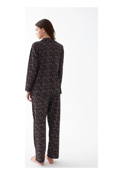 İkikareshop Kadın Siyah Düğmeli Kalp Desenli Pamuklu Pijama Takımı Çok Renkli