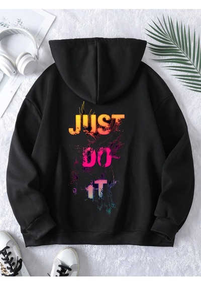 Startmore Siyah Unisex Erkek/kadın Justdoıt Renkli Özel Baskılı Oversize Kapüşonlu
