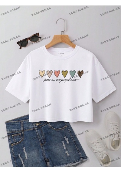 Flood Of Style Crop Ckod-232913 Kalpli Ve Sloganlı Grafik Beyaz