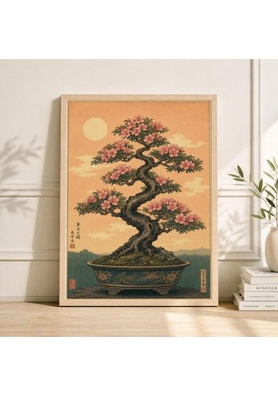Japon Çiçek Açmış Bonsai Ağacı Sanat Baskısı, Vintage Botanik Oryantal Duvar Dekoru