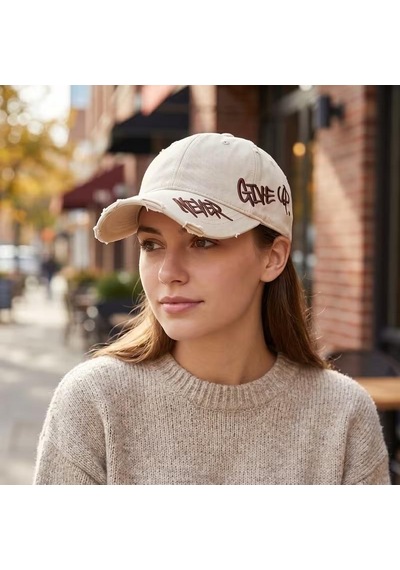 Valkyrie Unisex Krem Never Give Up Nakışlı Baseball Şapka Ayarlanabilir Vintage Streetwear Spor Kep