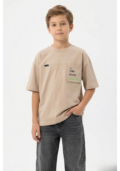 New Kids Think Outside Baskılı Pamuk Erkek Çocuk Tişört-91111 Bej