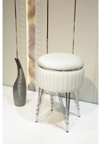 Bianco Metal Ayaklı Sehpalı Puf Krom Kırık Beyaz Chrome Off White