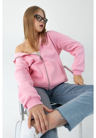 Giysa Kadın Kapüşonlu Fermuarlı Şardonlu 3ip Sweatshirt Pembe - 9015 - 264401 Pembe