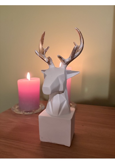 Geometrik Geyik Başı Biblo Mat Beyaz & Altın Eskitme Boynuzlu Origami Tasarım Masaüstü Dekoratif Heykel