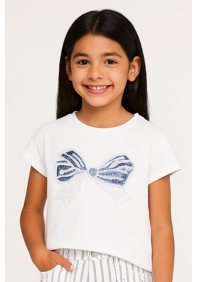 Escabel Kız Çocuk İnci Kurdaleli Tshirt Krem